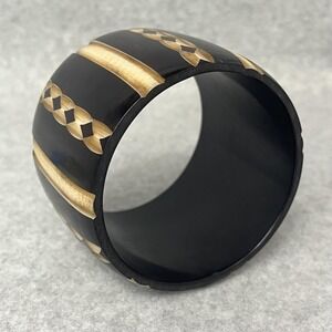 Wide Black Carved Resin Bangle Bracelet India Bohemian Chunky Womens Fashion